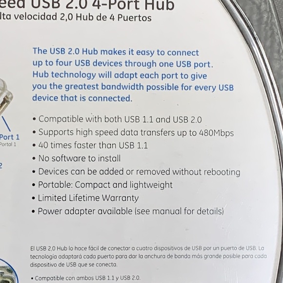 GE High Speed USB 2.0 4-Port Hub Built in Cable #98751 New Factory Sealed - Picture 12 of 13